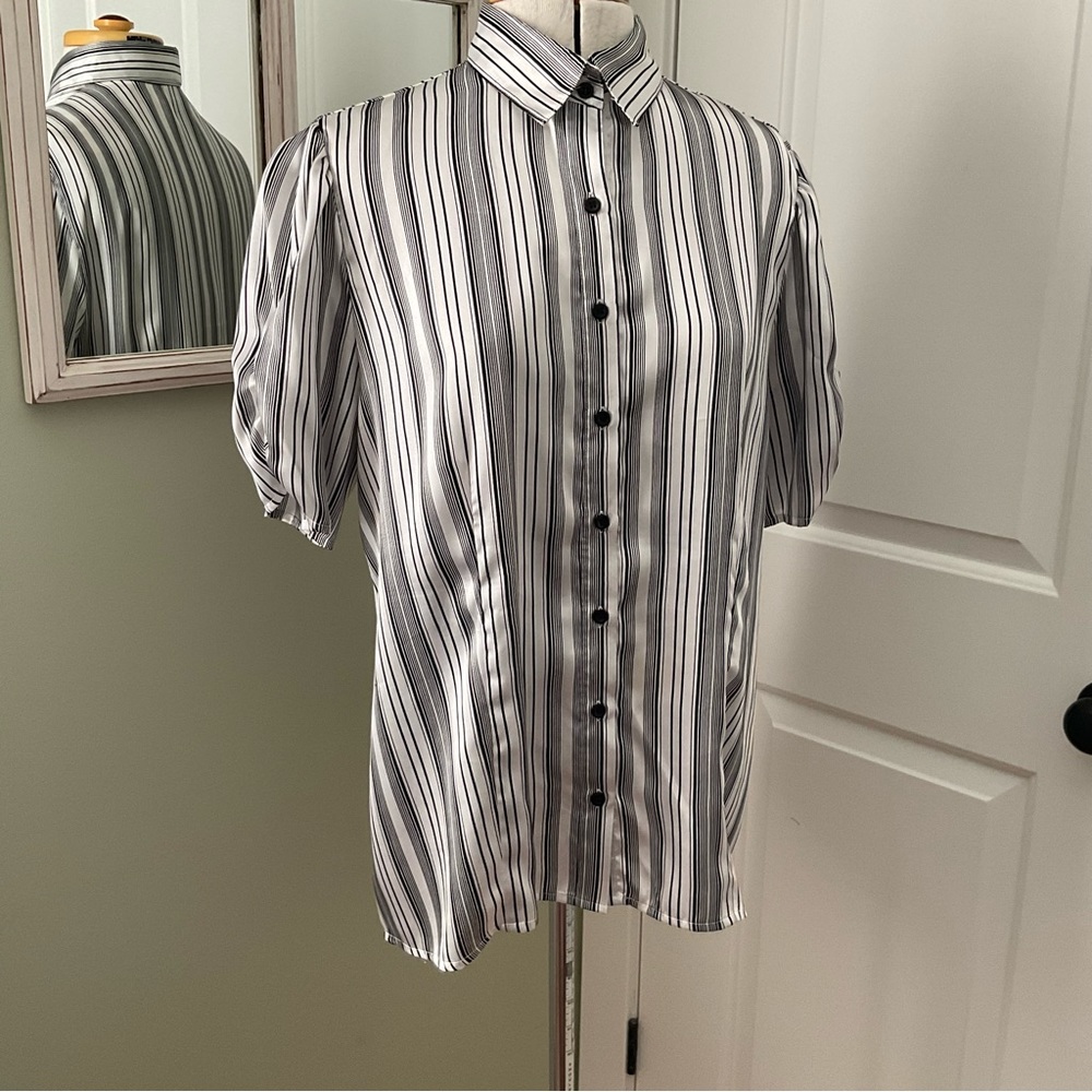 STUDIO 1940, BLACK AND WHITE STRIPED BLOUSE, SIZE: XL